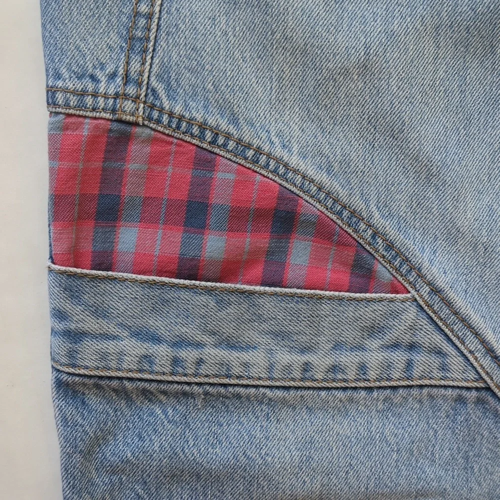 Vintage Touche' High-Waisted Mom Jeans Junior 5 Blue Red Plaid Y2K Denim